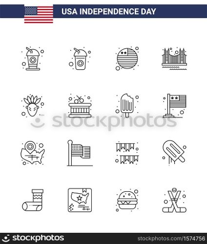 Set of 16 USA Day Icons American Symbols Independence Day Signs for instrument; thanksgiving; gate; native american; usa Editable USA Day Vector Design Elements