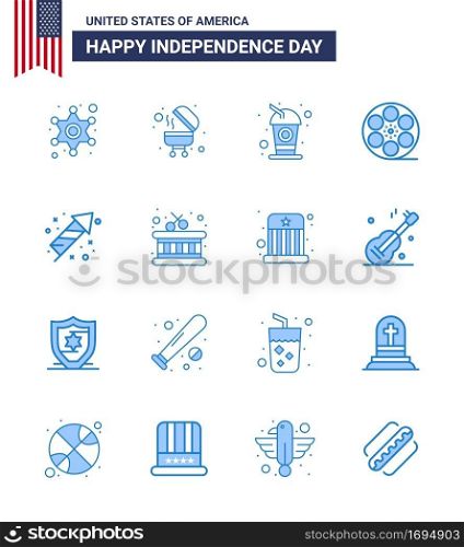 Set of 16 USA Day Icons American Symbols Independence Day Signs for fireworks; celebration; cola; american; play Editable USA Day Vector Design Elements