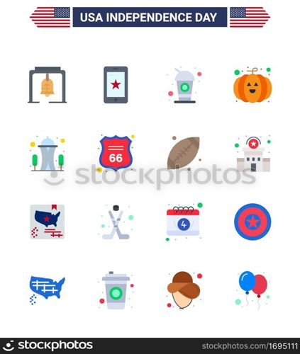 Set of 16 USA Day Icons American Symbols Independence Day Signs for needle; building; bottle; festival; food Editable USA Day Vector Design Elements