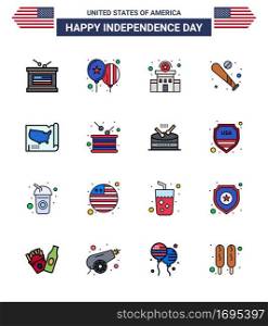 Set of 16 USA Day Icons American Symbols Independence Day Signs for map; sports; building; bat; ball Editable USA Day Vector Design Elements