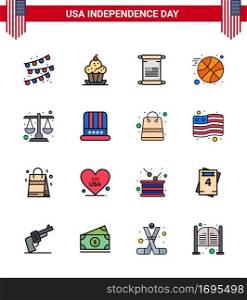 Set of 16 USA Day Icons American Symbols Independence Day Signs for law  court  scroll  sports  basketball Editable USA Day Vector Design Elements