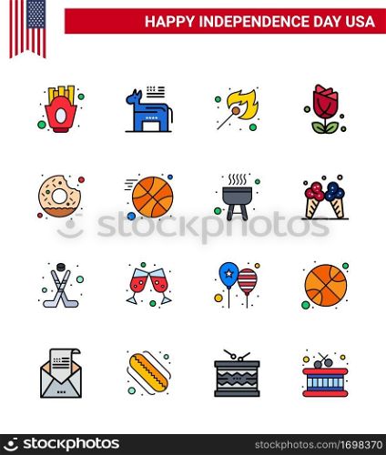 Set of 16 USA Day Icons American Symbols Independence Day Signs for round; plent; camping; usa; flower Editable USA Day Vector Design Elements