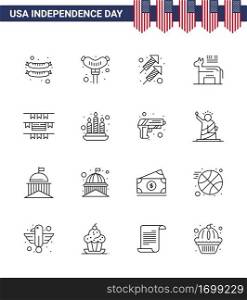 Set of 16 USA Day Icons American Symbols Independence Day Signs for gun  fire  american  candle  party decoration Editable USA Day Vector Design Elements