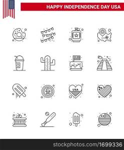 Set of 16 USA Day Icons American Symbols Independence Day Signs for america  wisconsin  drink  usa  map Editable USA Day Vector Design Elements