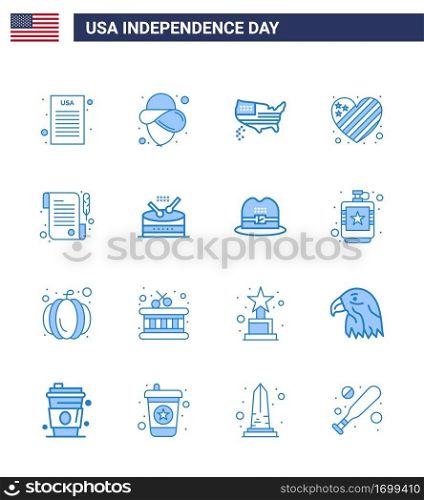 Set of 16 USA Day Icons American Symbols Independence Day Signs for drum  receipt  thanksgiving  paper  heart Editable USA Day Vector Design Elements
