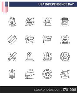 Set of 16 USA Day Icons American Symbols Independence Day Signs for hotdog  america  cactus  drink  bottle Editable USA Day Vector Design Elements