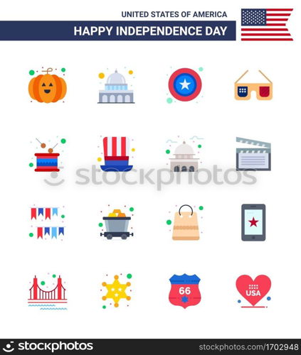 Set of 16 USA Day Icons American Symbols Independence Day Signs for holiday  day  police  usa  glasses Editable USA Day Vector Design Elements