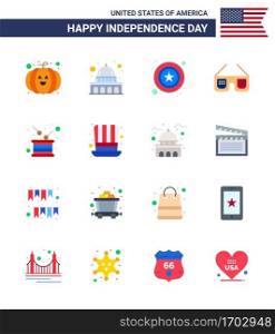 Set of 16 USA Day Icons American Symbols Independence Day Signs for holiday; day; police; usa; glasses Editable USA Day Vector Design Elements