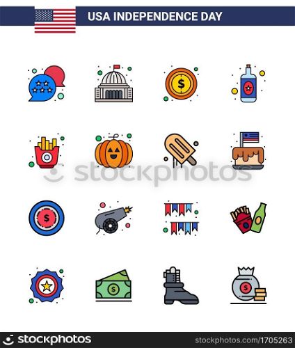 Set of 16 USA Day Icons American Symbols Independence Day Signs for food; wine; white; bottle; sign Editable USA Day Vector Design Elements