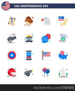 Set of 16 USA Day Icons American Symbols Independence Day Signs for mortar; cannon; eagle; big gun; laud Editable USA Day Vector Design Elements