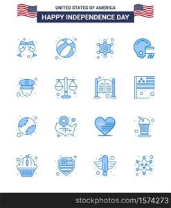 Set of 16 Vector Blues on 4th July USA Independence Day such as court; officer; police; man; football Editable USA Day Vector Design Elements