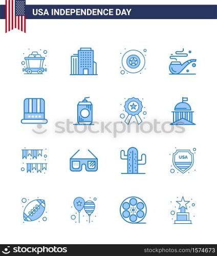 Set of 16 Vector Blues on 4th July USA Independence Day such as cola; usa; star; american; hat Editable USA Day Vector Design Elements