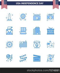 Set of 16 Vector Blues on 4th July USA Independence Day such as mail; greeting; police; envelope; day Editable USA Day Vector Design Elements
