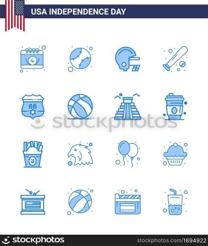 Set of 16 Vector Blues on 4th July USA Independence Day such as shield  usa  american  sports  baseball Editable USA Day Vector Design Elements