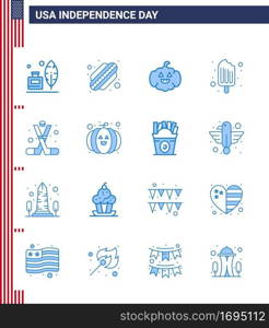 Set of 16 Vector Blues on 4th July USA Independence Day such as american  ice hockey  american  hockey  food Editable USA Day Vector Design Elements