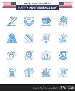 Set of 16 Vector Blues on 4th July USA Independence Day such as landmark; building; tea; western; decoration Editable USA Day Vector Design Elements