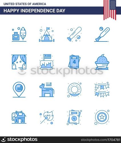 Set of 16 Vector Blues on 4th July USA Independence Day such as cake  usa  baseball  theatre  entertainment Editable USA Day Vector Design Elements