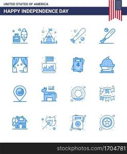 Set of 16 Vector Blues on 4th July USA Independence Day such as cake  usa  baseball  theatre  entertainment Editable USA Day Vector Design Elements