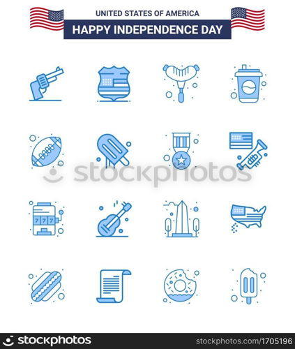 Set of 16 Vector Blues on 4th July USA Independence Day such as sports  ball  food  soda  cola Editable USA Day Vector Design Elements