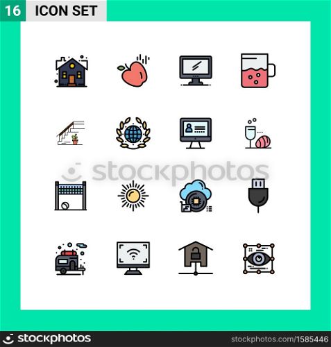 Set of 16 Vector Flat Color Filled Lines on Grid for upstairs, mug, computer, drink, pc Editable Creative Vector Design Elements