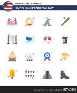 Set of 16 Vector Flats on 4th July USA Independence Day such as usa; bat; food; baseball; american Editable USA Day Vector Design Elements