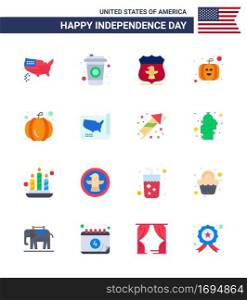 Set of 16 Vector Flats on 4th July USA Independence Day such as usa; states; usa; map; pumpkin Editable USA Day Vector Design Elements