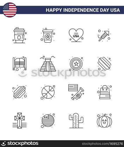 Set of 16 Vector Lines on 4th July USA Independence Day such as saloon; bar; love; day; religion Editable USA Day Vector Design Elements