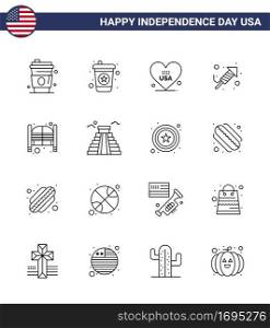 Set of 16 Vector Lines on 4th July USA Independence Day such as saloon  bar  love  day  religion Editable USA Day Vector Design Elements