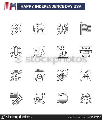 Set of 16 Vector Lines on 4th July USA Independence Day such as bird; american; money; usa; flag Editable USA Day Vector Design Elements