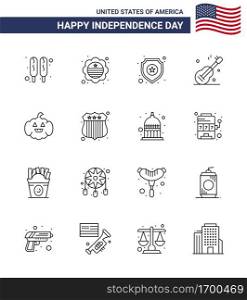 Set of 16 Vector Lines on 4th July USA Independence Day such as usa  pumkin  police  american  music Editable USA Day Vector Design Elements