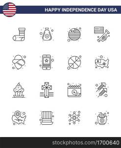Set of 16 Vector Lines on 4th July USA Independence Day such as hat  usa  country  american  speaker Editable USA Day Vector Design Elements