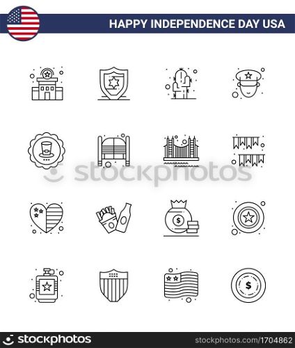 Set of 16 Vector Lines on 4th July USA Independence Day such as usa; drink; flower; glass; officer Editable USA Day Vector Design Elements