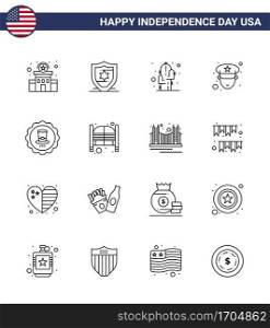 Set of 16 Vector Lines on 4th July USA Independence Day such as usa; drink; flower; glass; officer Editable USA Day Vector Design Elements