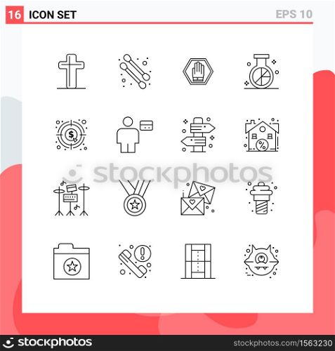 Set of 16 Vector Outlines on Grid for currency, research, sign, optimization, market Editable Vector Design Elements