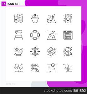 Set of 16 Vector Outlines on Grid for drink, security, labour, privacy, science Editable Vector Design Elements
