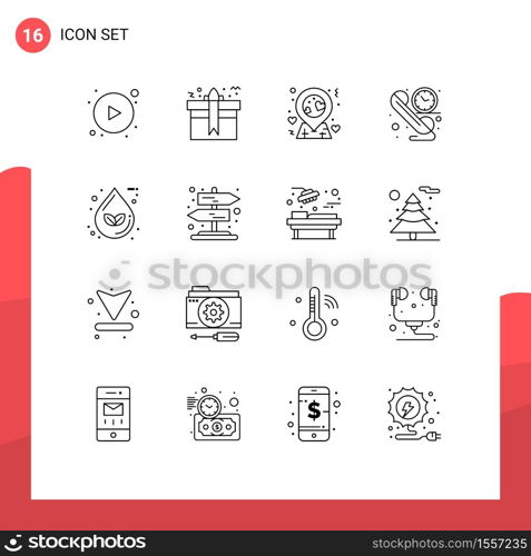 Set of 16 Vector Outlines on Grid for eco, drop, location, time, communication Editable Vector Design Elements