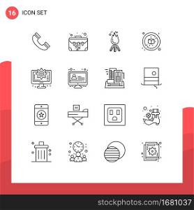 Set of 16 Vector Outlines on Grid for interface, box, fire, diet, camp Editable Vector Design Elements