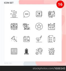 Set of 16 Vector Outlines on Grid for wish list, content, contact, blogging, telephone Editable Vector Design Elements