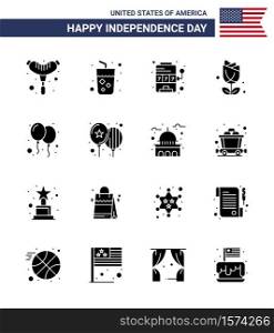 Set of 16 Vector Solid Glyphs on 4th July USA Independence Day such as day; balloons; machine; plent; imerican Editable USA Day Vector Design Elements