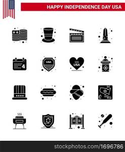 Set of 16 Vector Solid Glyphs on 4th July USA Independence Day such as day; washington; movis; usa; monument Editable USA Day Vector Design Elements
