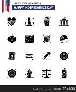 Set of 16 Vector Solid Glyphs on 4th July USA Independence Day such as usa  flag  washington  bank  holiday Editable USA Day Vector Design Elements