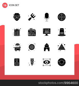 Set of 16 Vector Solid Glyphs on Grid for check list, marketing, fork, finance, audience Editable Vector Design Elements