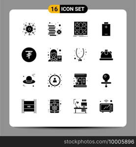 Set of 16 Vector Solid Glyphs on Grid for currency, energy, data, electric, grid Editable Vector Design Elements