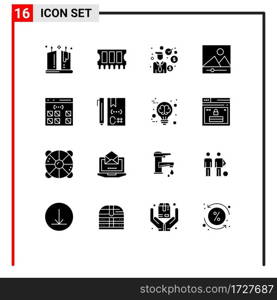 Set of 16 Vector Solid Glyphs on Grid for development, coding, investment, app, media Editable Vector Design Elements