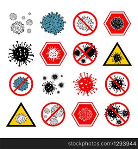 Set of 162019-nCoV bacteria isolated on white background. few Coronavirus in red circle vector Icon. COVID-19 bacteria corona virus disease sign. SARS pandemic concept symbol.Human health. Set of 16 2019-nCoV bacteria isolated on white background. few Coronavirus in red circle vector Icon. COVID-19 bacteria corona virus disease sign. SARS pandemic concept symbol. Human health .