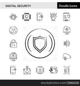 Set of 17 Digital Security hand-drawn icon set
