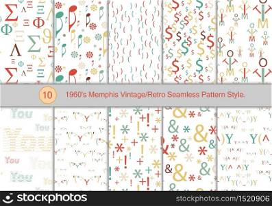 Set of 1960's Memphis Vintage/Retro Seamless Pattern Style. The Pattern color was inspired by Men's and Women's clothing from Memphis 1960's. Colorful Vintage background.