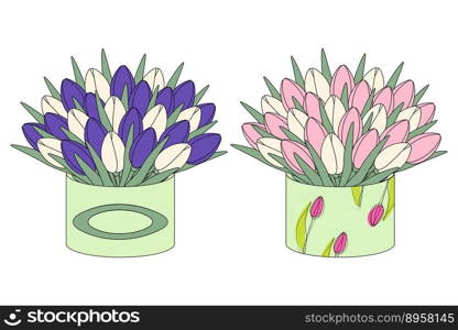 Set of 2 lovely bouquet for celebration of colorful tulips in box in cartoon style in trendy shades. Sticker. Icon. Isolate. 8 March. Happy women day. Good for poster, price tag, label or cards. EPS