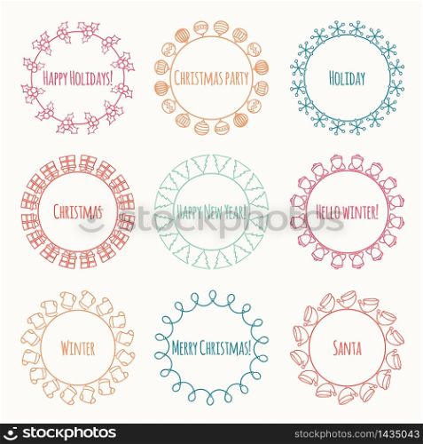Set of 2016 Christmas season hand drawn vector line border and frame. Sketch scribble winter graphic element. New Year brushes for design. Illustration. Doodle style. Scrapbook decorations.. Set of 2016 Christmas season hand drawn vector line border and frame. Sketch scribble winter graphic element. New Year brushes for design. Illustration. Trendy doodle style. Scrapbook decorations.