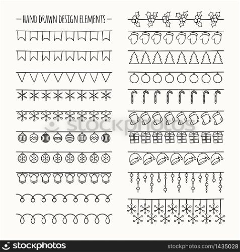 Set of 2016 Christmas season hand drawn vector line border and sketch scribble winter design graphic element. New Year brushes for design. Illustration. Doodle style. Scrapbook decorations.. Set of 2016 Christmas season hand drawn vector line border and sketch scribble winter design graphic element. New Year brushes for design. Illustration. Trendy doodle style. Scrapbook decorations.